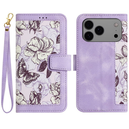 For iPhone 17 Pro Max Case PU Leather Floral Phone Cover with Card Slots / Wrist Strap - Light Purple