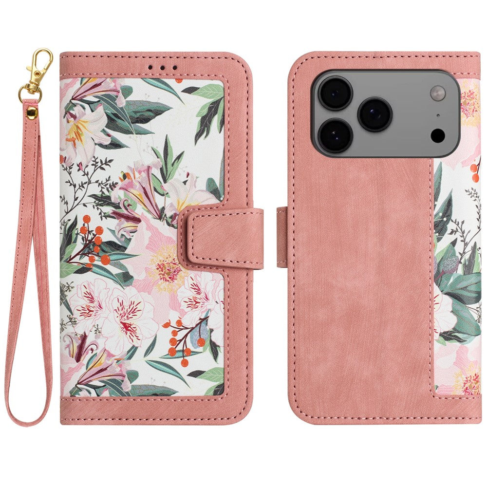 For iPhone 17 Pro Max Case PU Leather Floral Phone Cover with Card Slots / Wrist Strap - Pink