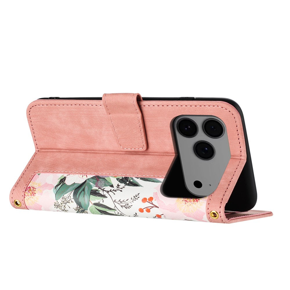 For iPhone 17 Pro Max Case PU Leather Floral Phone Cover with Card Slots / Wrist Strap - Pink
