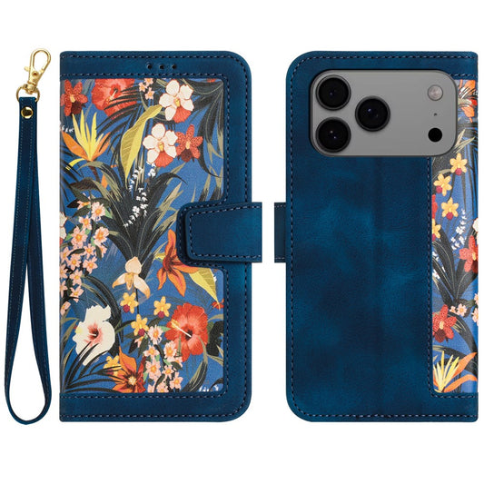 For iPhone 17 Pro Max Case PU Leather Floral Phone Cover with Card Slots / Wrist Strap - Dark Blue