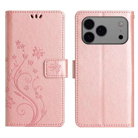 For iPhone 17 Pro Max Leather Wallet Case Butterfly Flower Imprinted Phone Cover with Strap - Rose Gold