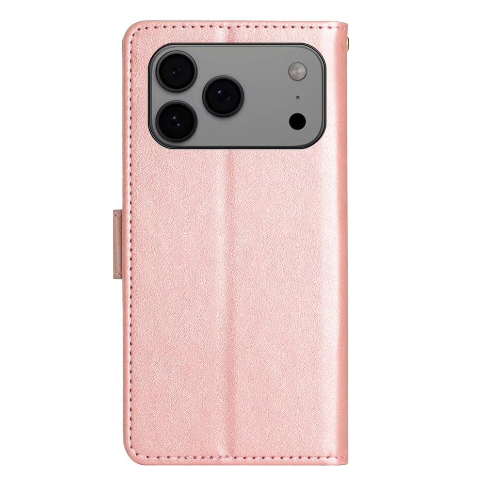 For iPhone 17 Pro Max Leather Wallet Case Butterfly Flower Imprinted Phone Cover with Strap - Rose Gold