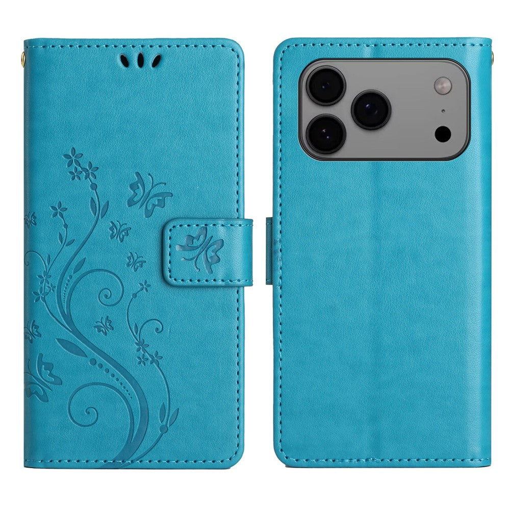 For iPhone 17 Pro Max Leather Wallet Case Butterfly Flower Imprinted Phone Cover with Strap - Blue