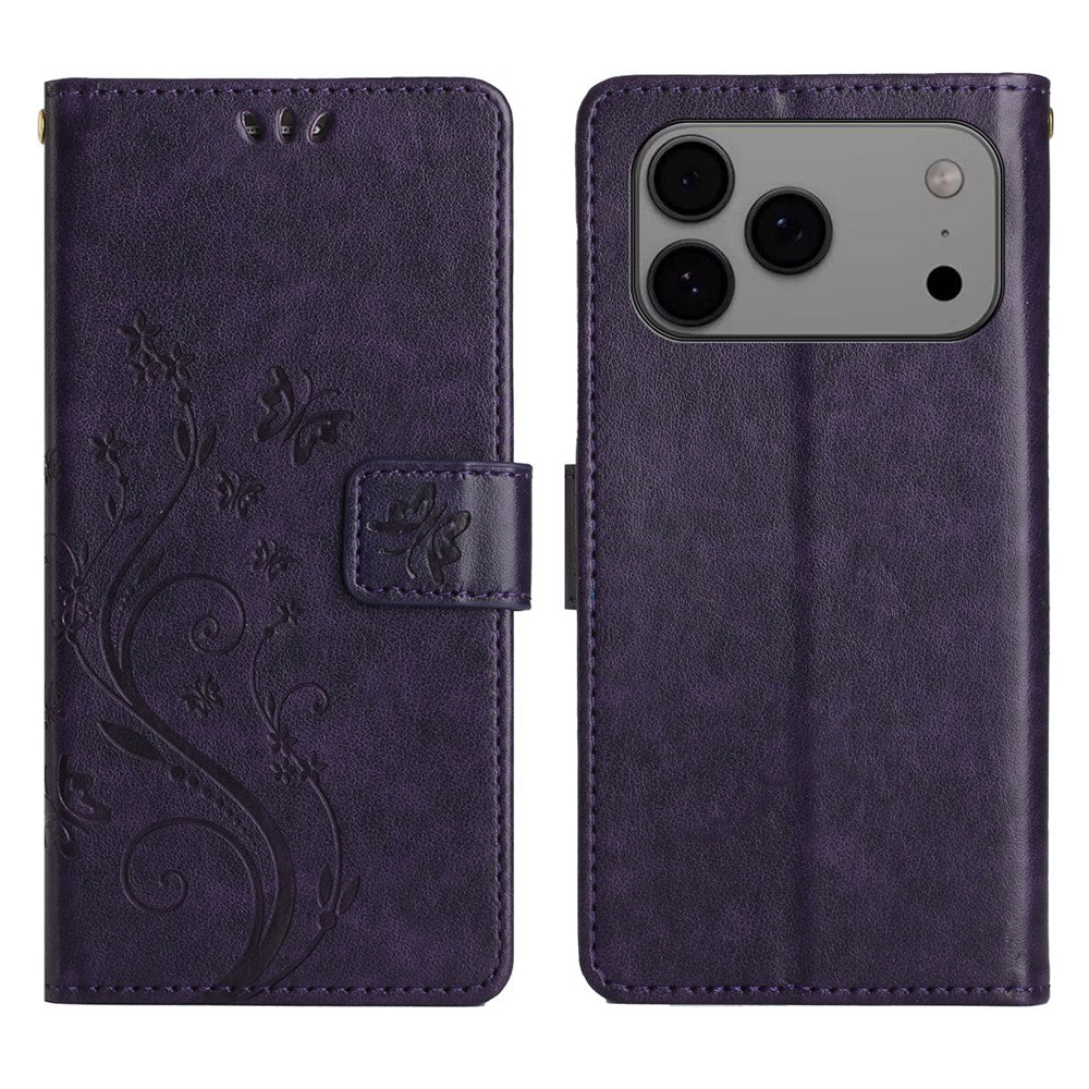 For iPhone 17 Pro Max Leather Wallet Case Butterfly Flower Imprinted Phone Cover with Strap - Dark Purple