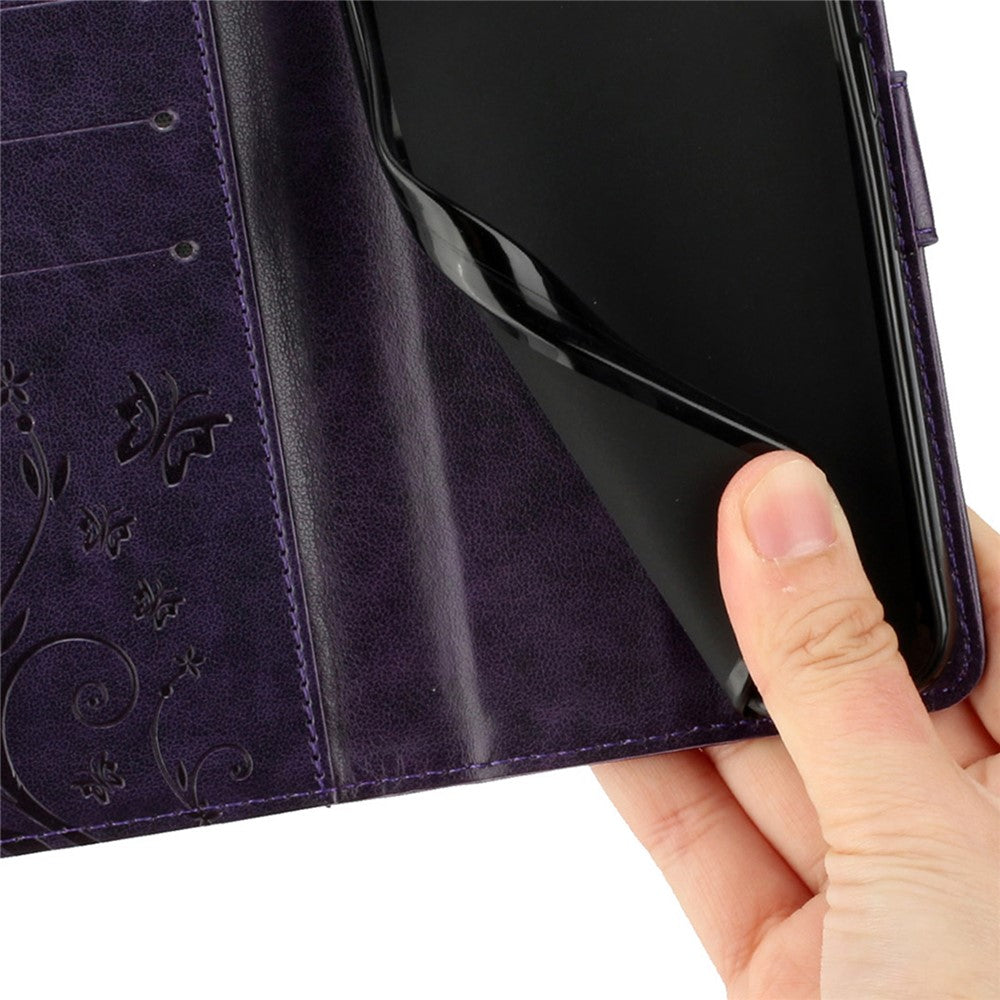 For iPhone 17 Pro Max Leather Wallet Case Butterfly Flower Imprinted Phone Cover with Strap - Dark Purple
