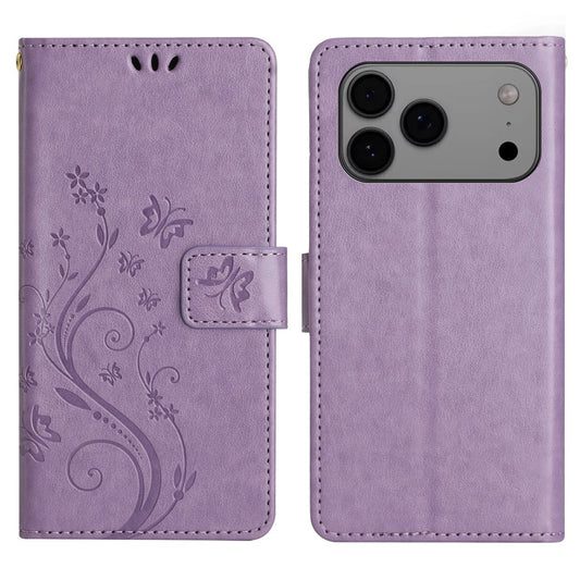 For iPhone 17 Pro Max Leather Wallet Case Butterfly Flower Imprinted Phone Cover with Strap - Light Purple