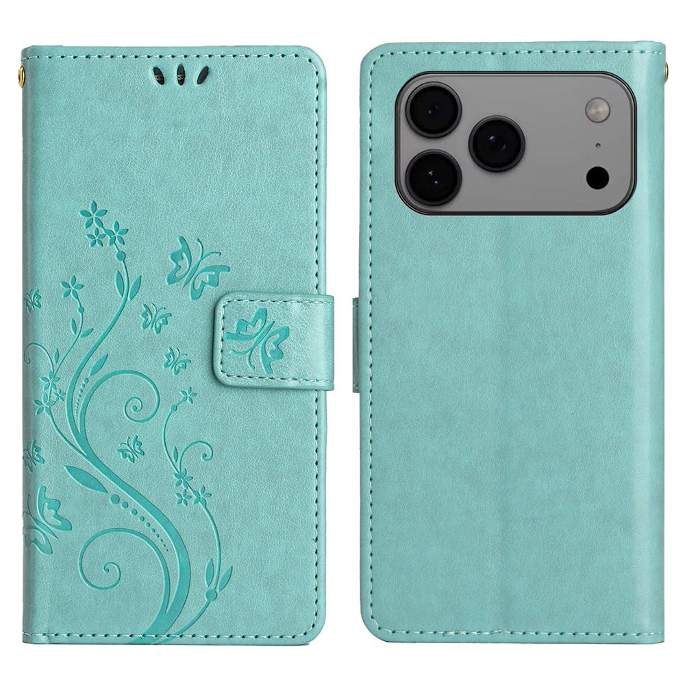 For iPhone 17 Pro Max Leather Wallet Case Butterfly Flower Imprinted Phone Cover with Strap - Green