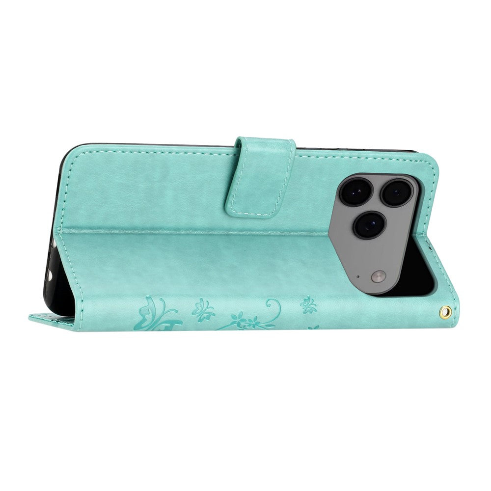 For iPhone 17 Pro Max Leather Wallet Case Butterfly Flower Imprinted Phone Cover with Strap - Green