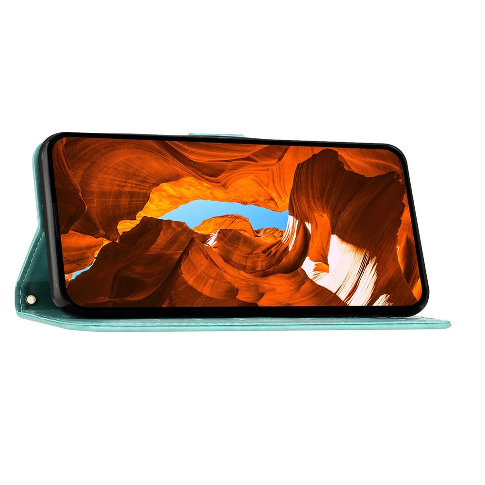 For iPhone 17 Pro Max Leather Wallet Case Butterfly Flower Imprinted Phone Cover with Strap - Green