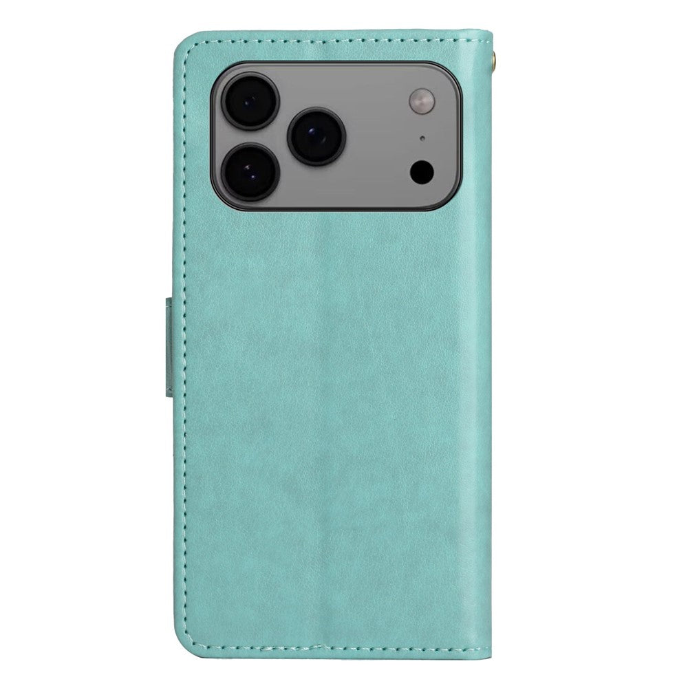 For iPhone 17 Pro Max Leather Wallet Case Butterfly Flower Imprinted Phone Cover with Strap - Green