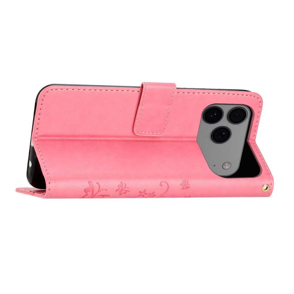 For iPhone 17 Pro Max Leather Wallet Case Butterfly Flower Imprinted Phone Cover with Strap - Pink