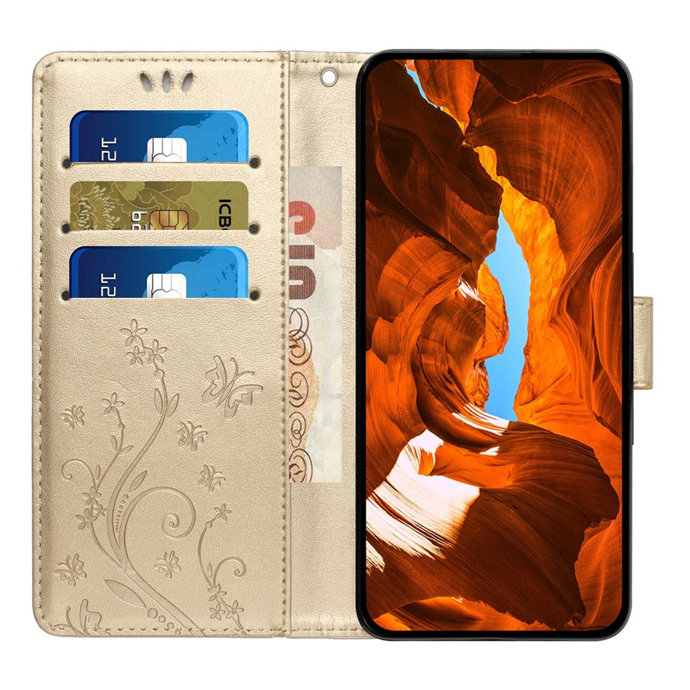 For iPhone 17 Pro Max Leather Wallet Case Butterfly Flower Imprinted Phone Cover with Strap - Gold