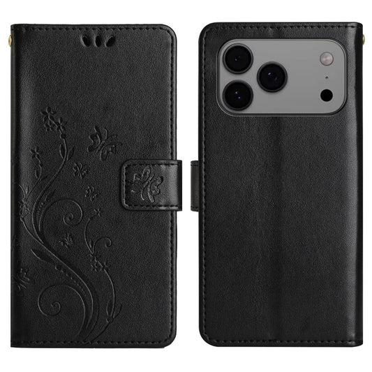 For iPhone 17 Pro Max Leather Wallet Case Butterfly Flower Imprinted Phone Cover with Strap - Black