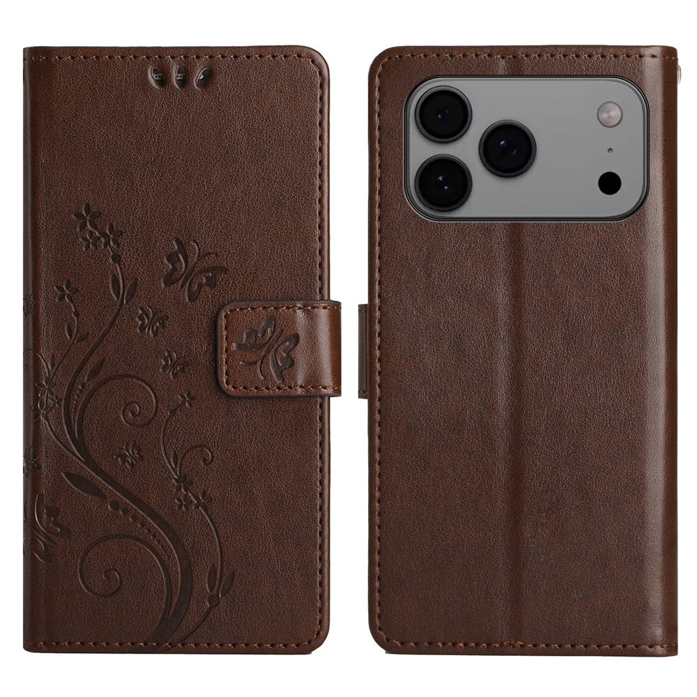 For iPhone 17 Pro Max Leather Wallet Case Butterfly Flower Imprinted Phone Cover with Strap - Brown