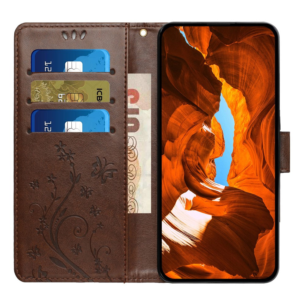 For iPhone 17 Pro Max Leather Wallet Case Butterfly Flower Imprinted Phone Cover with Strap - Brown