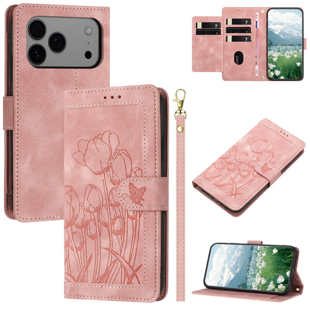 For iPhone 17 Pro Max Case Tulip Leather Phone Cover with 5 Card Slots Wallet - Pink
