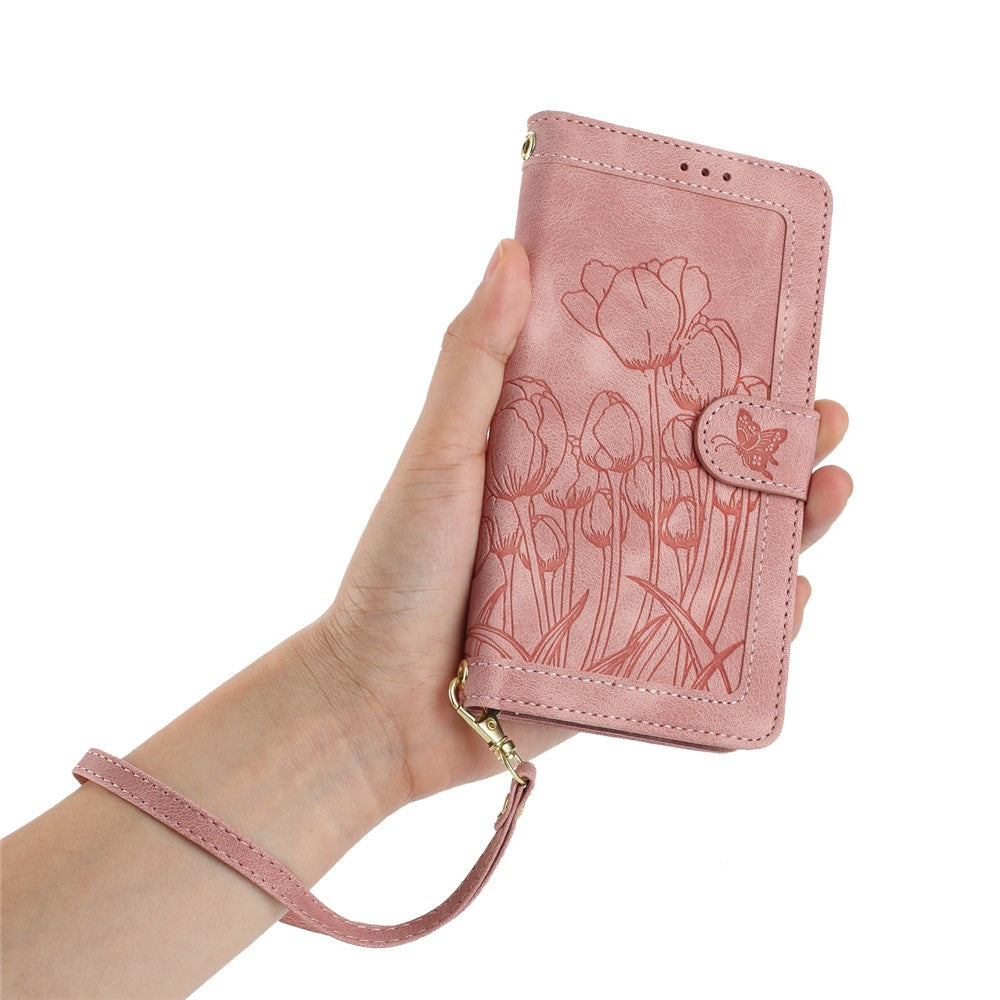 For iPhone 17 Pro Max Case Tulip Leather Phone Cover with 5 Card Slots Wallet - Pink