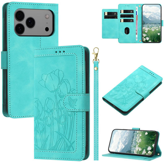 For iPhone 17 Pro Max Case Tulip Leather Phone Cover with 5 Card Slots Wallet - Green