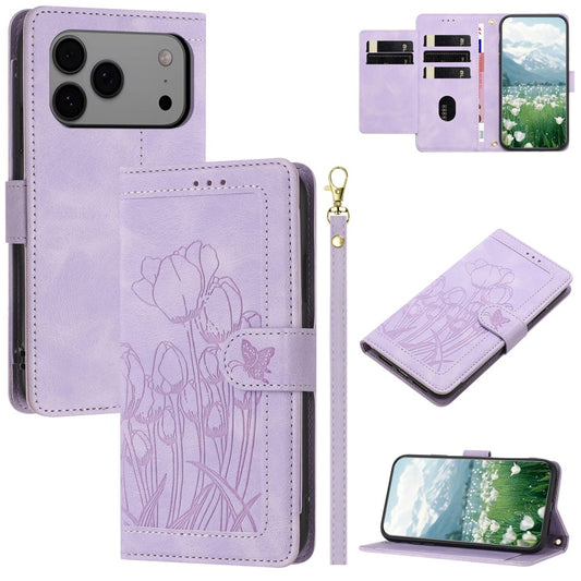 For iPhone 17 Pro Max Case Tulip Leather Phone Cover with 5 Card Slots Wallet - Purple