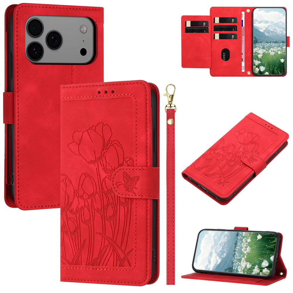 For iPhone 17 Pro Max Case Tulip Leather Phone Cover with 5 Card Slots Wallet - Red