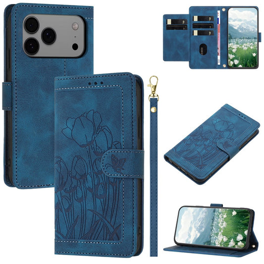 For iPhone 17 Pro Max Case Tulip Leather Phone Cover with 5 Card Slots Wallet - Blue