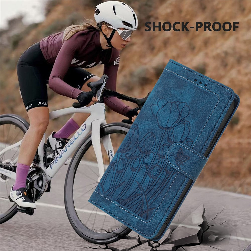 For iPhone 17 Pro Max Case Tulip Leather Phone Cover with 5 Card Slots Wallet - Blue