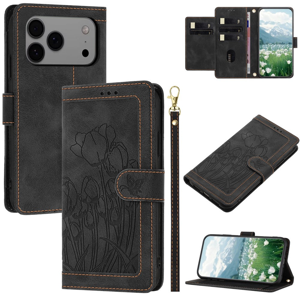 For iPhone 17 Pro Max Case Tulip Leather Phone Cover with 5 Card Slots Wallet - Black