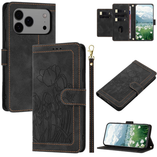 For iPhone 17 Pro Max Case Tulip Leather Phone Cover with 5 Card Slots Wallet - Black