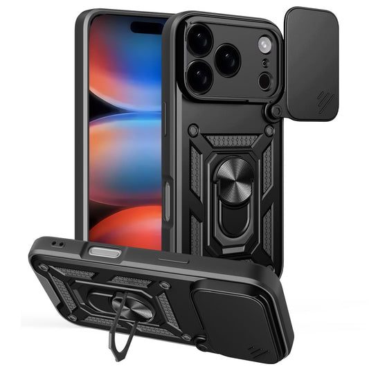 For iPhone 17 Pro Max Case with Slide Camera Lid PC + TPU Kickstand Phone Cover - Black