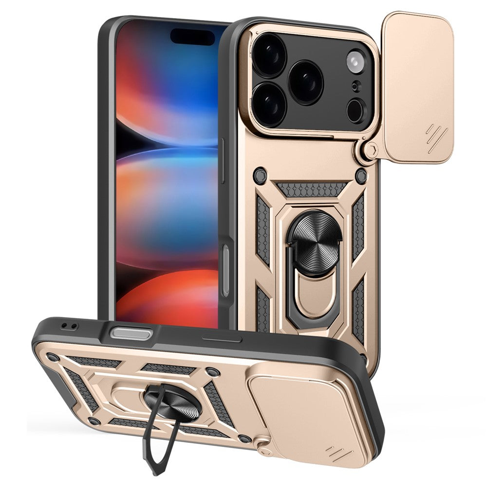 For iPhone 17 Pro Max Case with Slide Camera Lid PC + TPU Kickstand Phone Cover - Gold