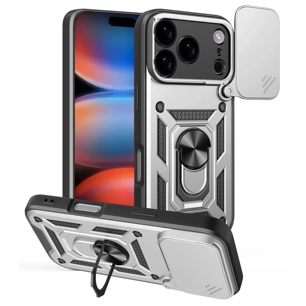 For iPhone 17 Pro Max Case with Slide Camera Lid PC + TPU Kickstand Phone Cover - Silver