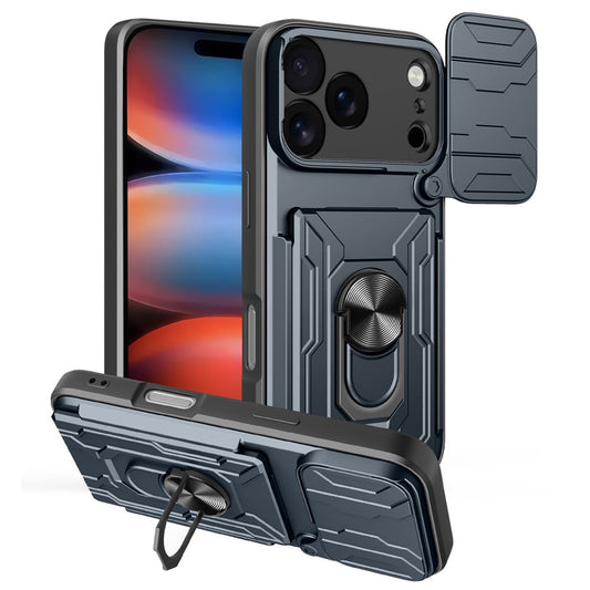 For iPhone 17 Pro Max Case PC + TPU Kickstand Phone Back Cover with Camera Slider - Titanium Grey