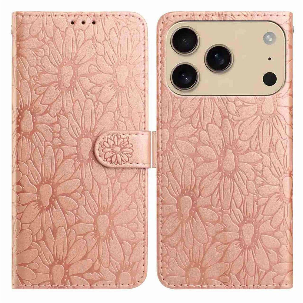 For iPhone 17 Pro Max Leather Case Daisy Imprint Wallet Stand Phone Protective Cover - Rose Gold