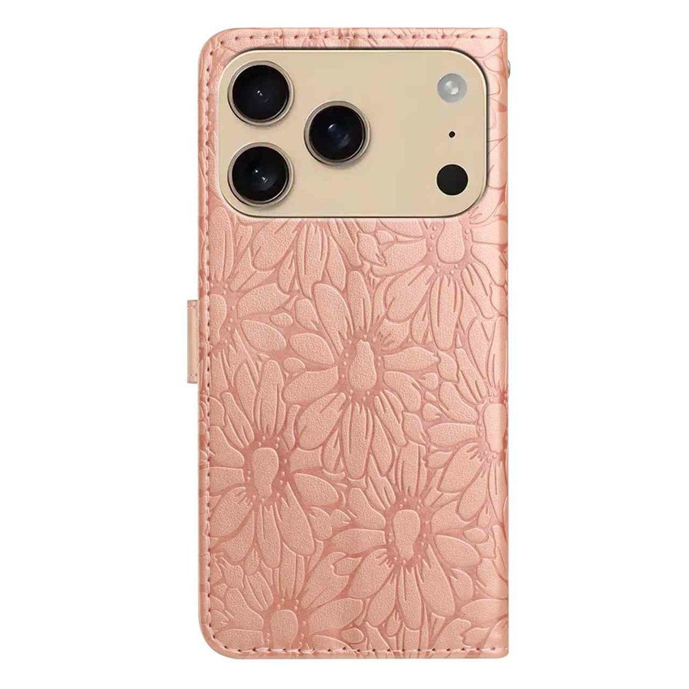 For iPhone 17 Pro Max Leather Case Daisy Imprint Wallet Stand Phone Protective Cover - Rose Gold