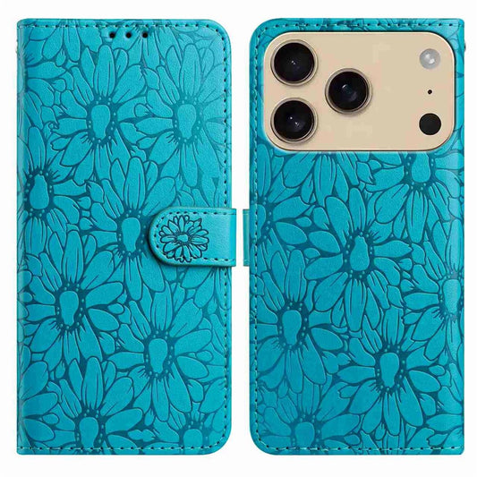 For iPhone 17 Pro Max Leather Case Daisy Imprint Wallet Stand Phone Protective Cover - Baby Blue