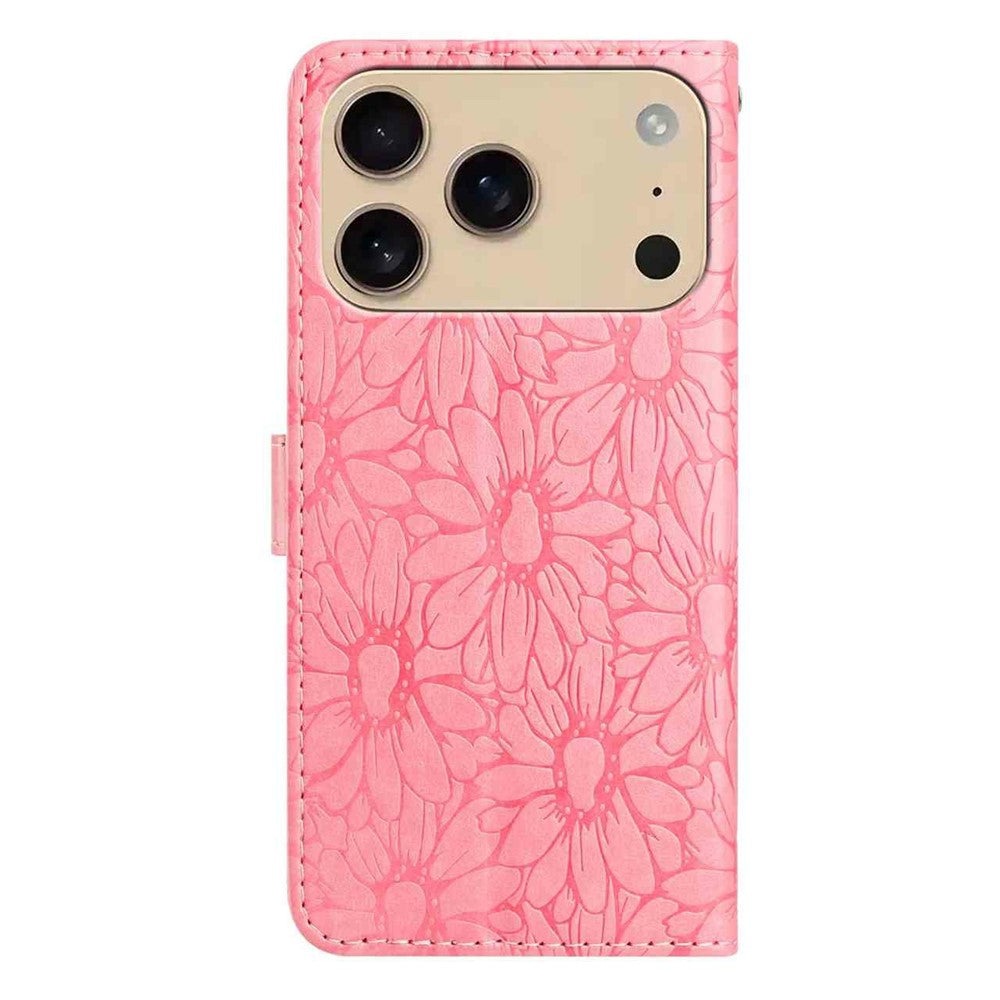 For iPhone 17 Pro Max Leather Case Daisy Imprint Wallet Stand Phone Protective Cover - Pink