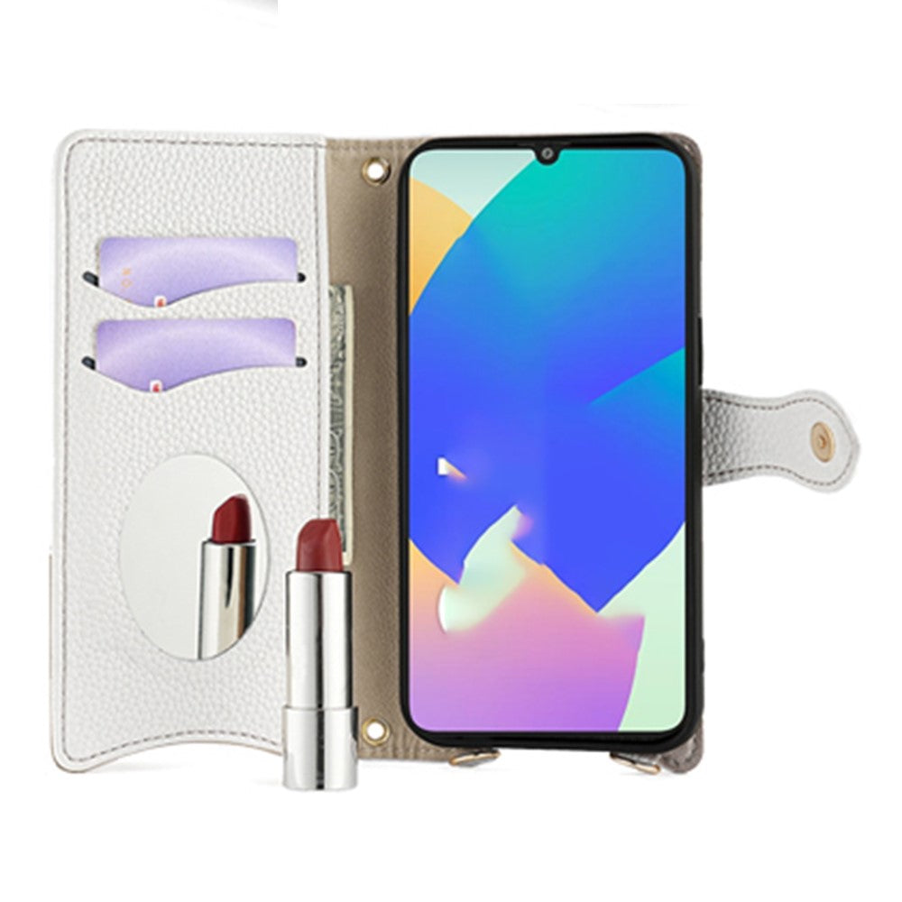 For Samsung Galaxy F06 5G Leather Case Wallet Stand Cover Irregular Tail Style with Chain Strap - White
