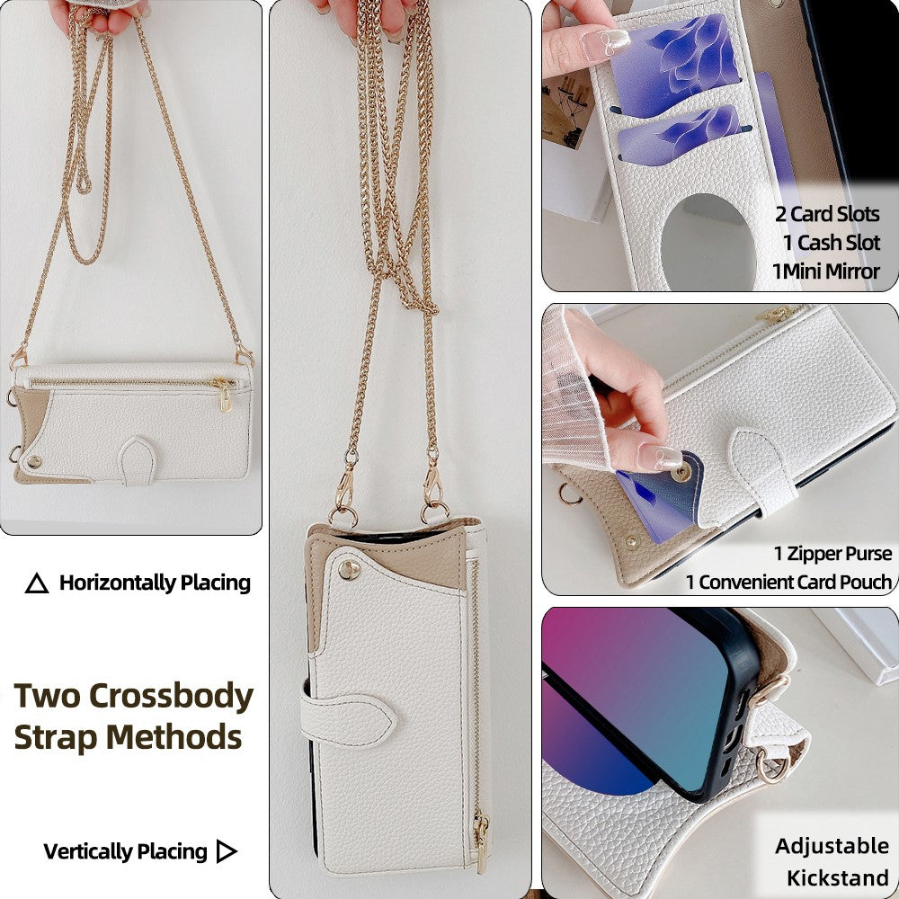 For Samsung Galaxy F06 5G Leather Case Wallet Stand Cover Irregular Tail Style with Chain Strap - White