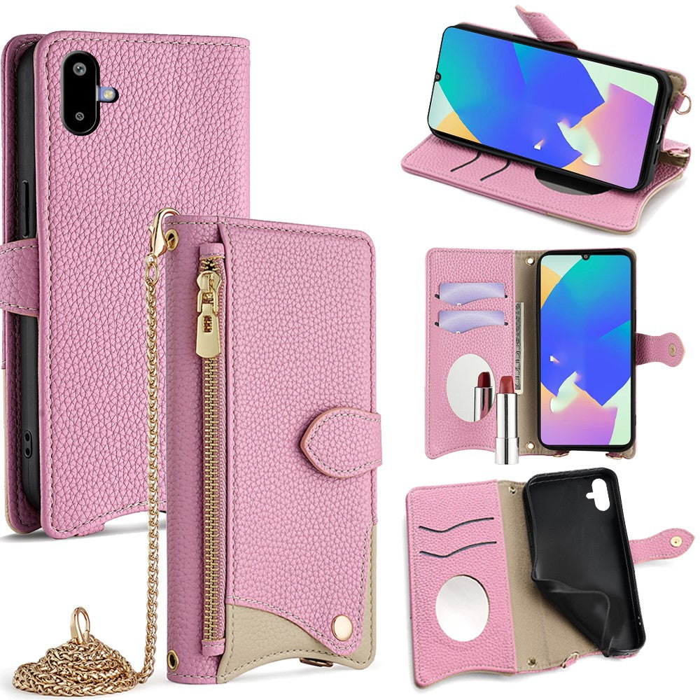 For Samsung Galaxy F06 5G Leather Case Wallet Stand Cover Irregular Tail Style with Chain Strap - Pink