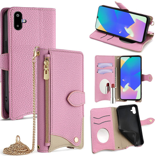 For Samsung Galaxy F06 5G Leather Case Wallet Stand Cover Irregular Tail Style with Chain Strap - Pink