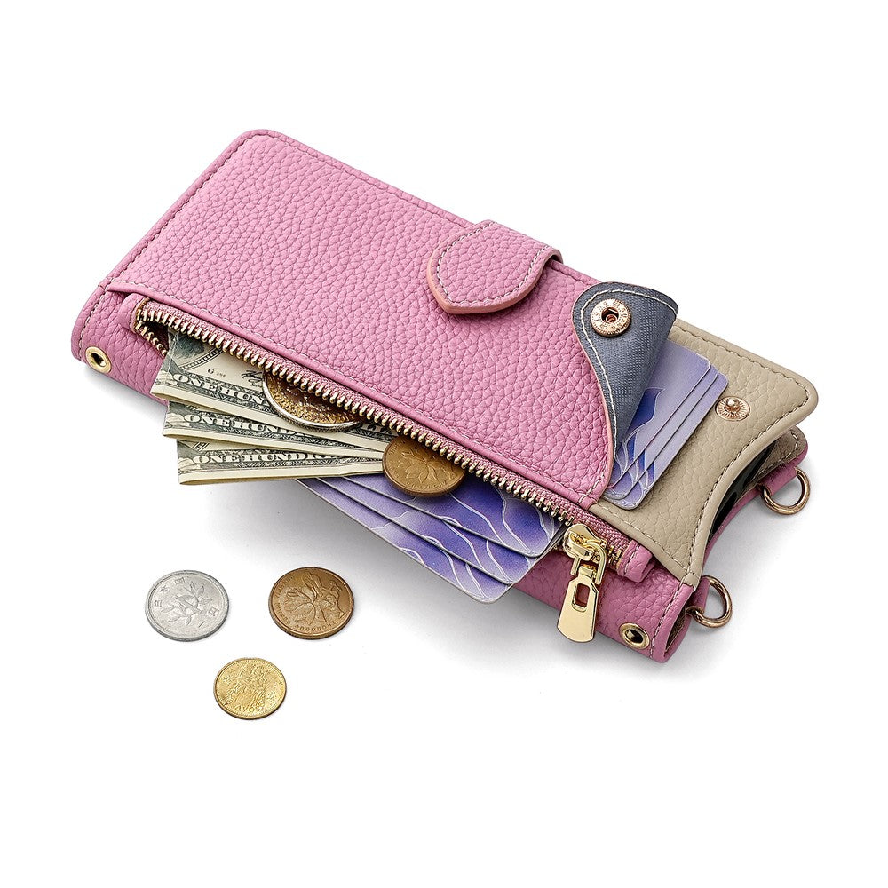 For Samsung Galaxy F06 5G Leather Case Wallet Stand Cover Irregular Tail Style with Chain Strap - Pink