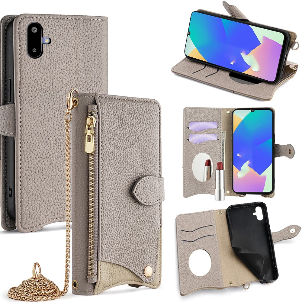 For Samsung Galaxy F06 5G Leather Case Wallet Stand Cover Irregular Tail Style with Chain Strap - Grey
