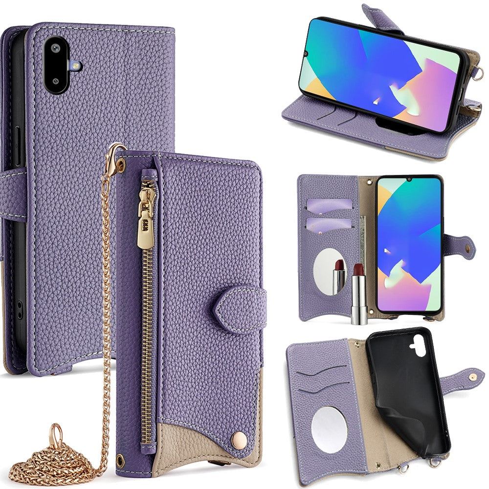 For Samsung Galaxy F06 5G Leather Case Wallet Stand Cover Irregular Tail Style with Chain Strap - Purple