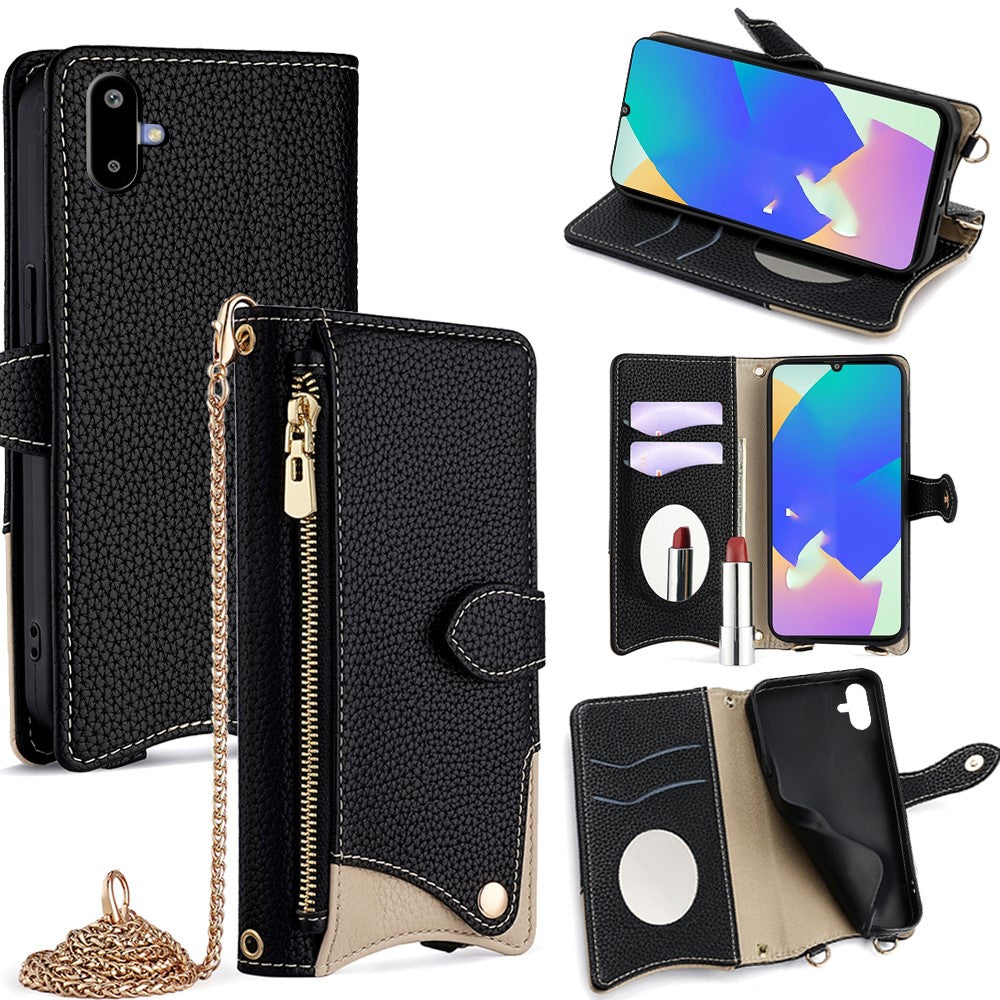 For Samsung Galaxy F06 5G Leather Case Wallet Stand Cover Irregular Tail Style with Chain Strap - Black