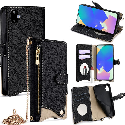 For Samsung Galaxy F06 5G Leather Case Wallet Stand Cover Irregular Tail Style with Chain Strap - Black