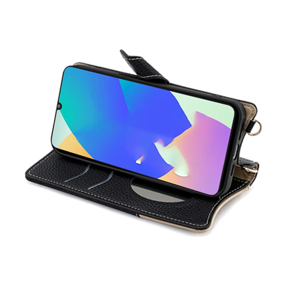 For Samsung Galaxy F06 5G Leather Case Wallet Stand Cover Irregular Tail Style with Chain Strap - Black