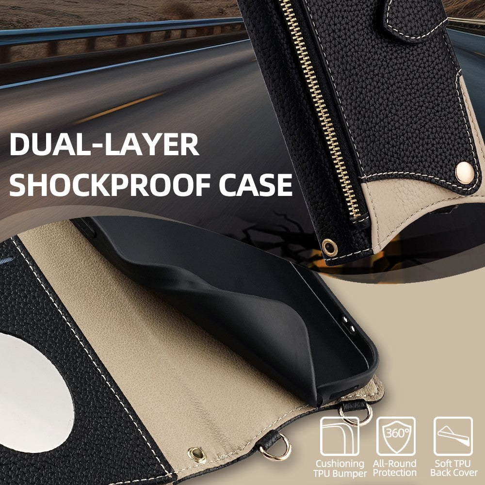 For Samsung Galaxy F06 5G Leather Case Wallet Stand Cover Irregular Tail Style with Chain Strap - Black