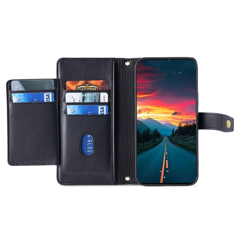 For Samsung Galaxy F06 5G Leather Case Zipper Pocket Wallet Phone Cover with 2 Straps - Black