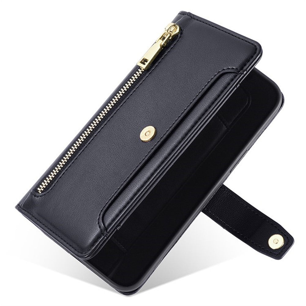 For Samsung Galaxy F06 5G Leather Case Zipper Pocket Wallet Phone Cover with 2 Straps - Black