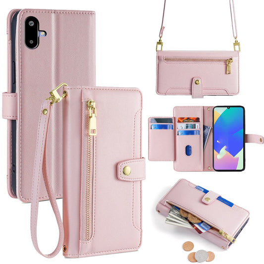 For Samsung Galaxy F06 5G Leather Case Zipper Pocket Wallet Phone Cover with 2 Straps - Pink
